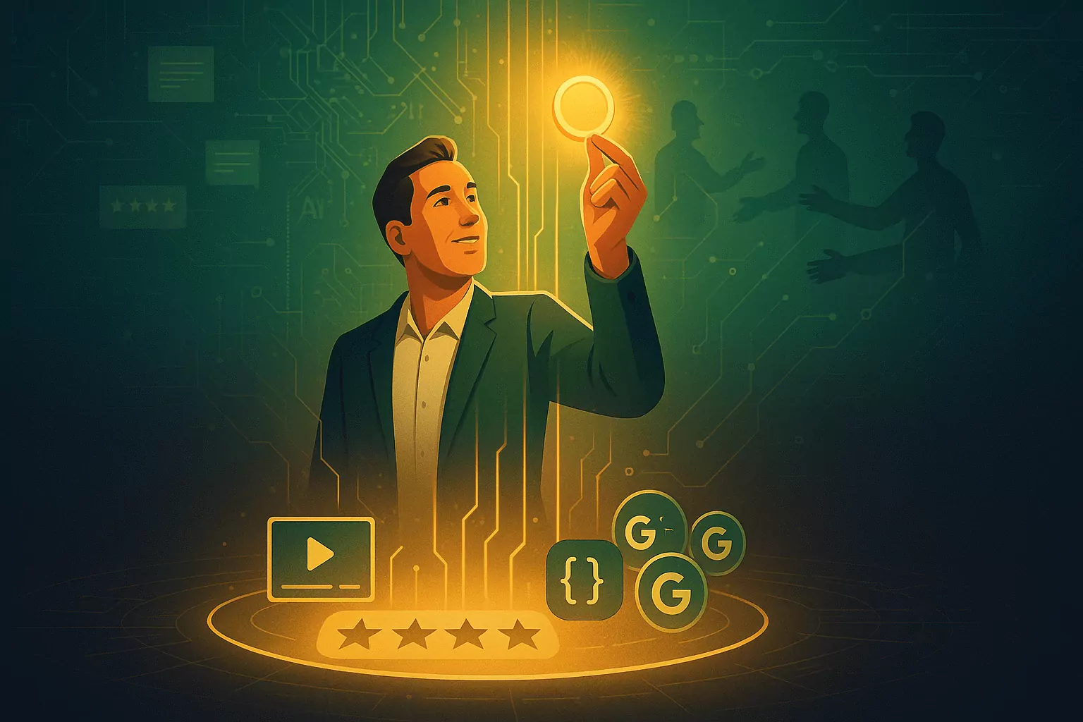 Professional on glowing platform made of 5-star reviews and social proof, symbolizing the compounding power of trust in marketing.