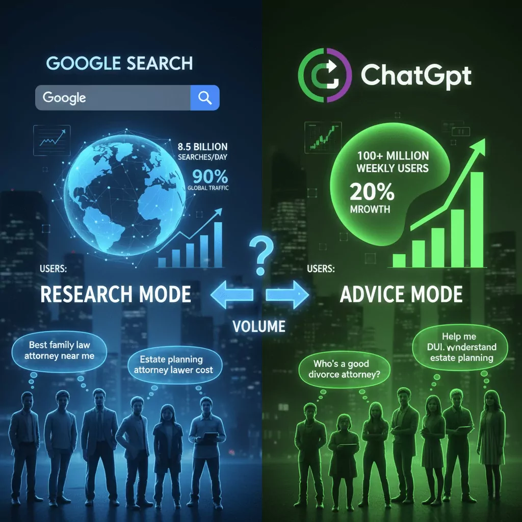 Side-by-side user intent comparison: Google research mode versus ChatGPT advice mode