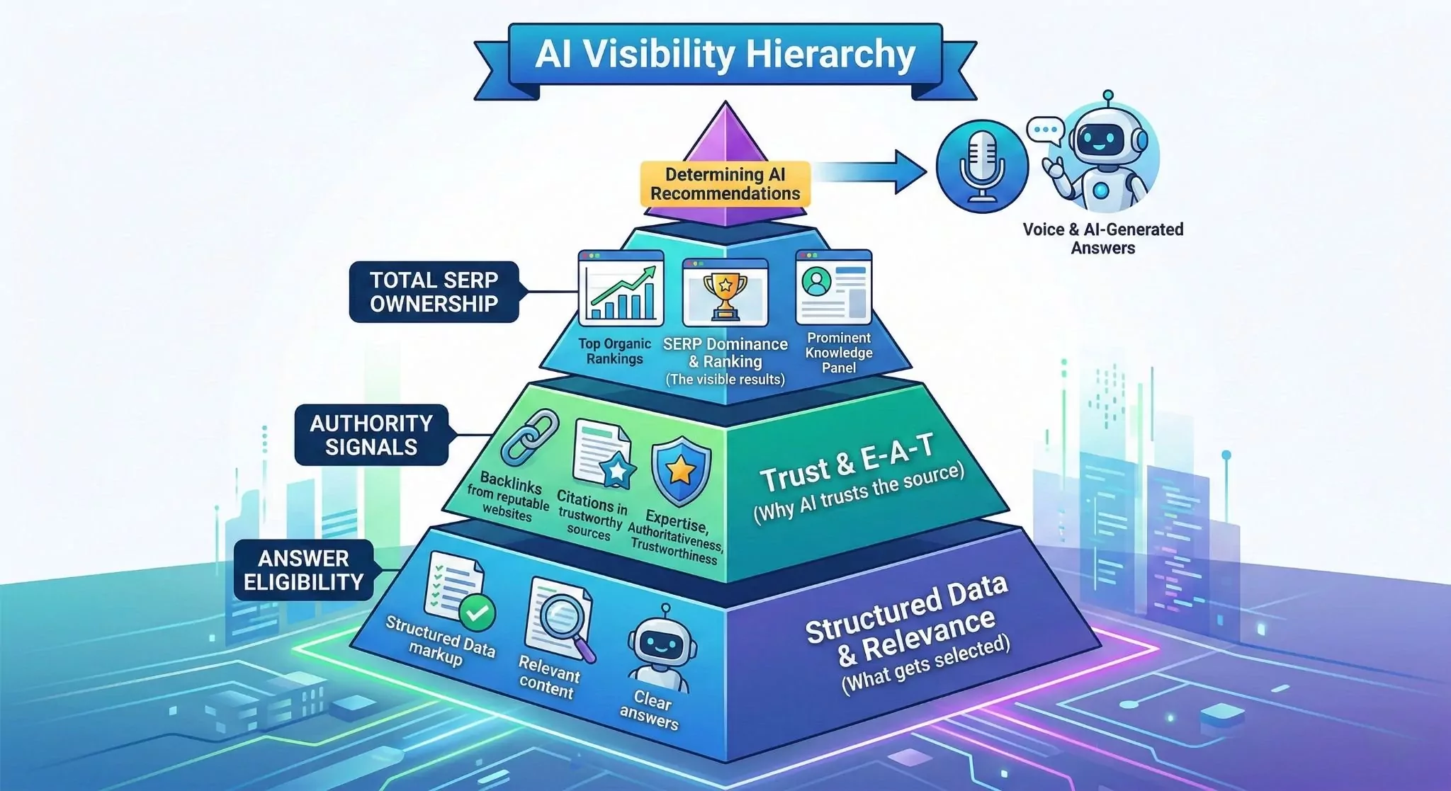 Three-tier pyramid showing AI visibility hierarchy with answer eligibility at base authority signals middle and total SERP ownership at top determining AI recommendations