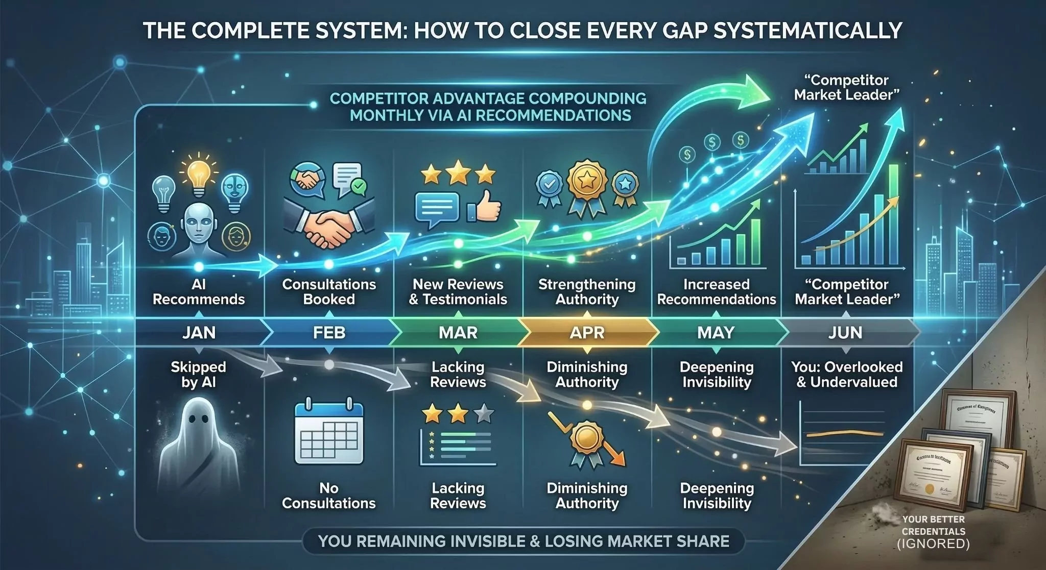 Timeline showing competitor advantage compounding monthly through AI recommendations generating consultations creating reviews strengthening authority while you remain invisible despite better credentials