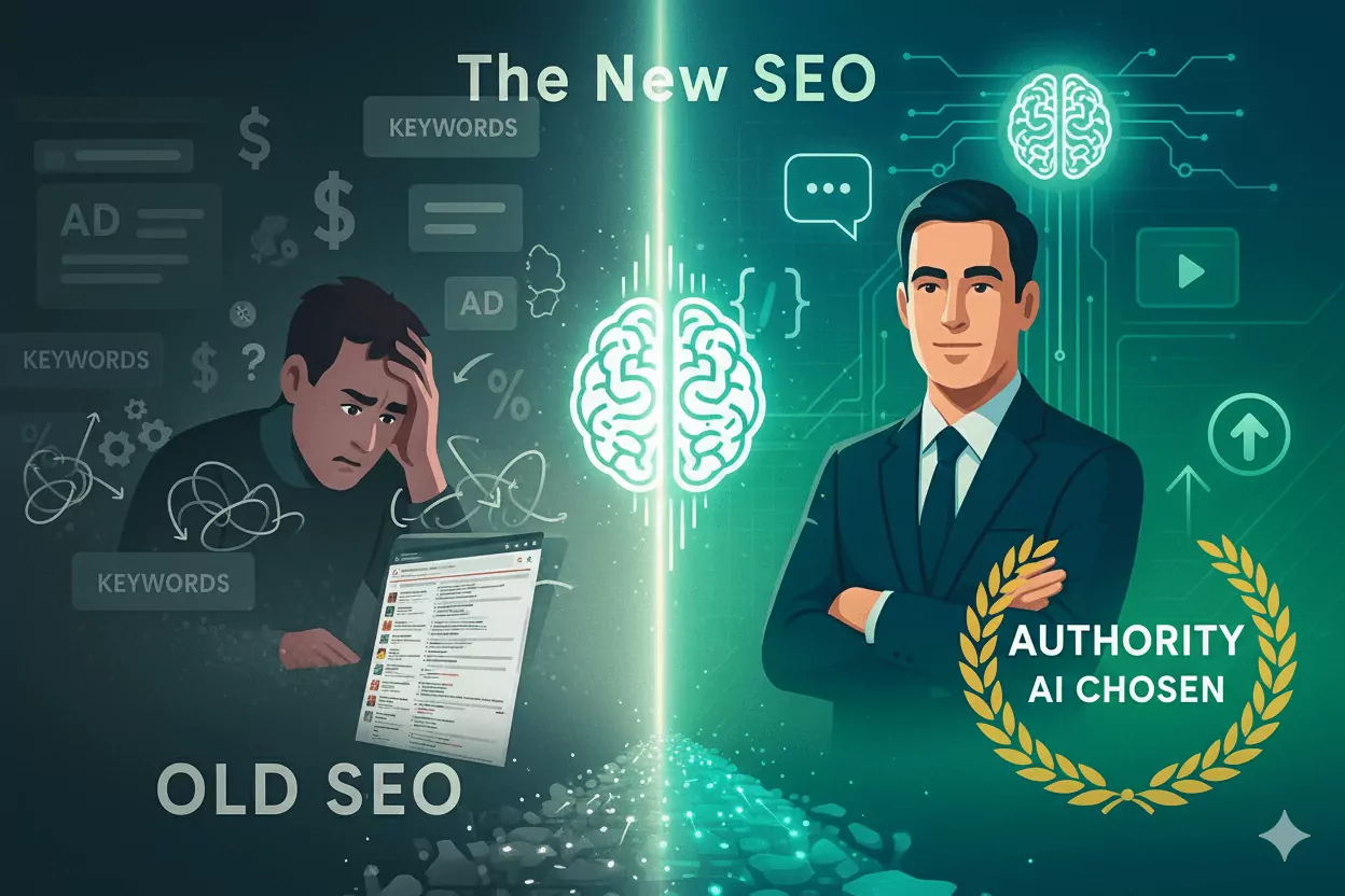 Illustration showing AI interface recommending a trusted professional over generic advertisers, symbolizing the shift from SEO to authority.