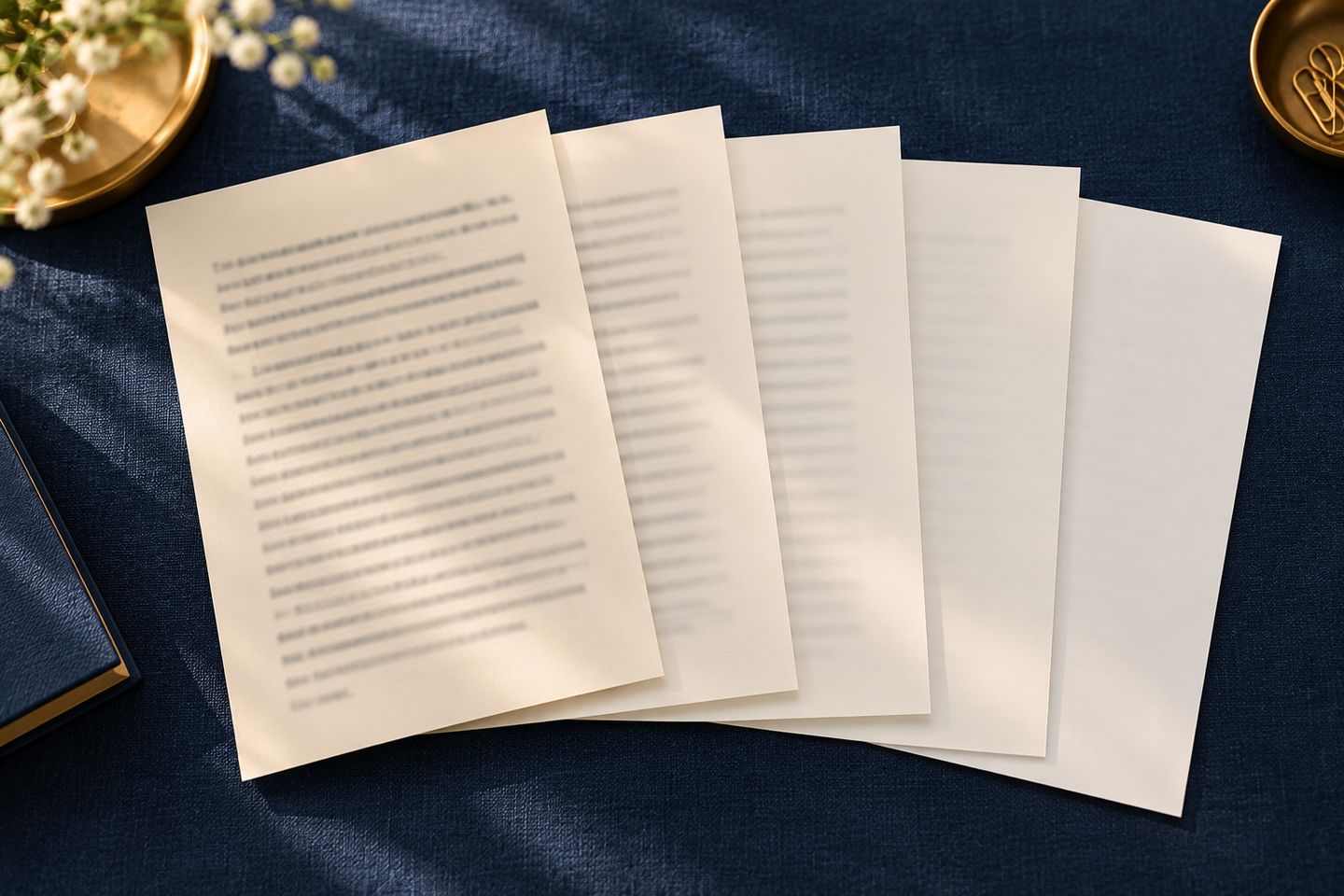 Copies of a page fading with each copy, like brand voice fading through repurposed podcast content