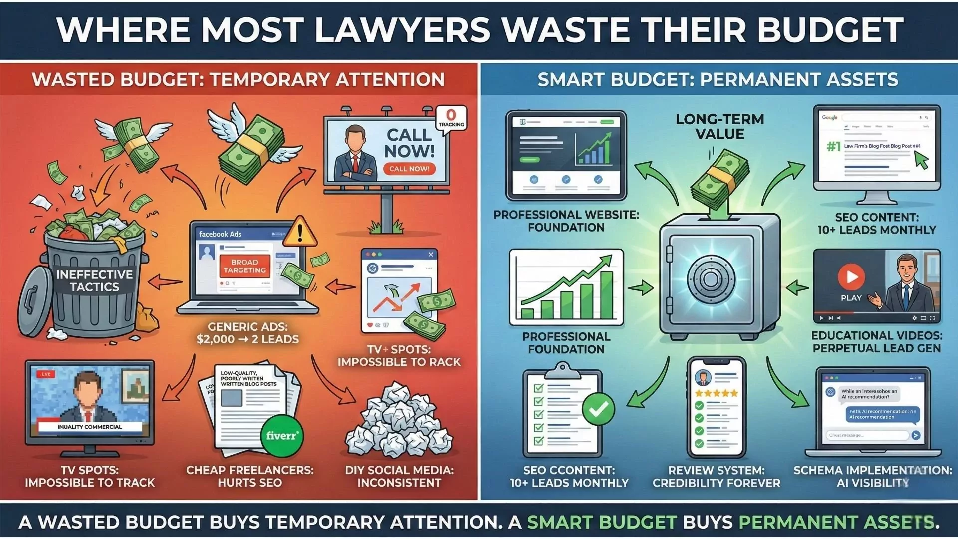 Timeline graphic showing lawyer marketing journey Year 1 cheap marketing $1,300 zero clients, Year 2 wake-up call competitor success, Year 3 proper investment $30,000 generating 47 new clients $250,000 revenue