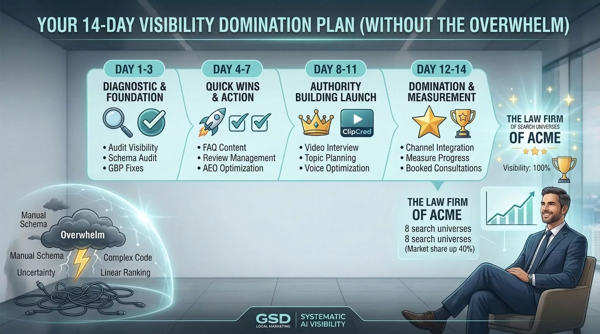 Timeline infographic showing fourteen-day AI visibility domination plan from diagnostic through quick wins authority building and integration across all eight search types