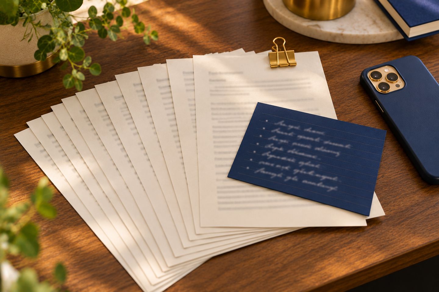 Ten printed writing samples and a short rules card, the raw material for a brand voice AI profile