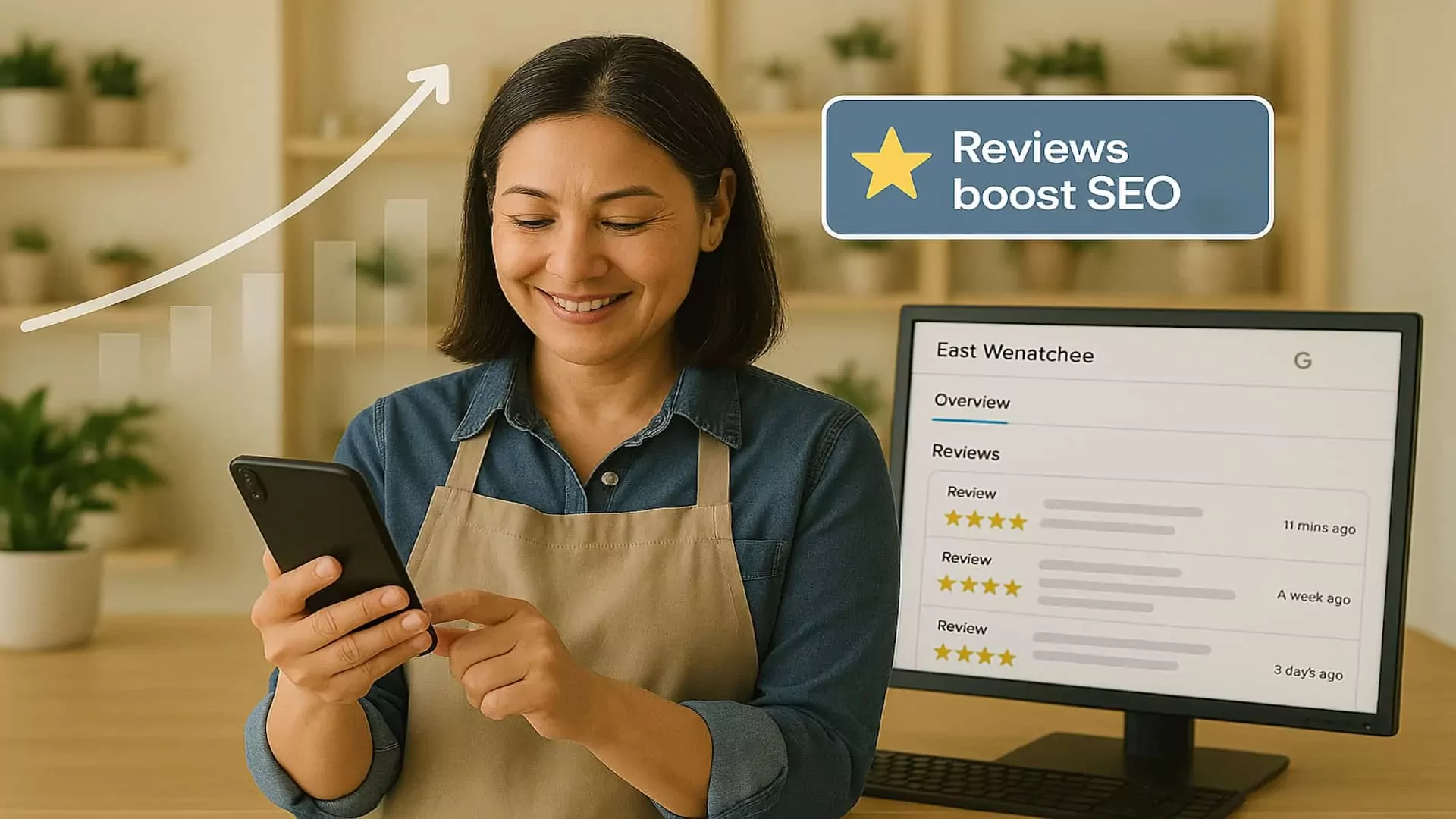 Local business owner in East Wenatchee checking five-star reviews on a smartphone in a store.