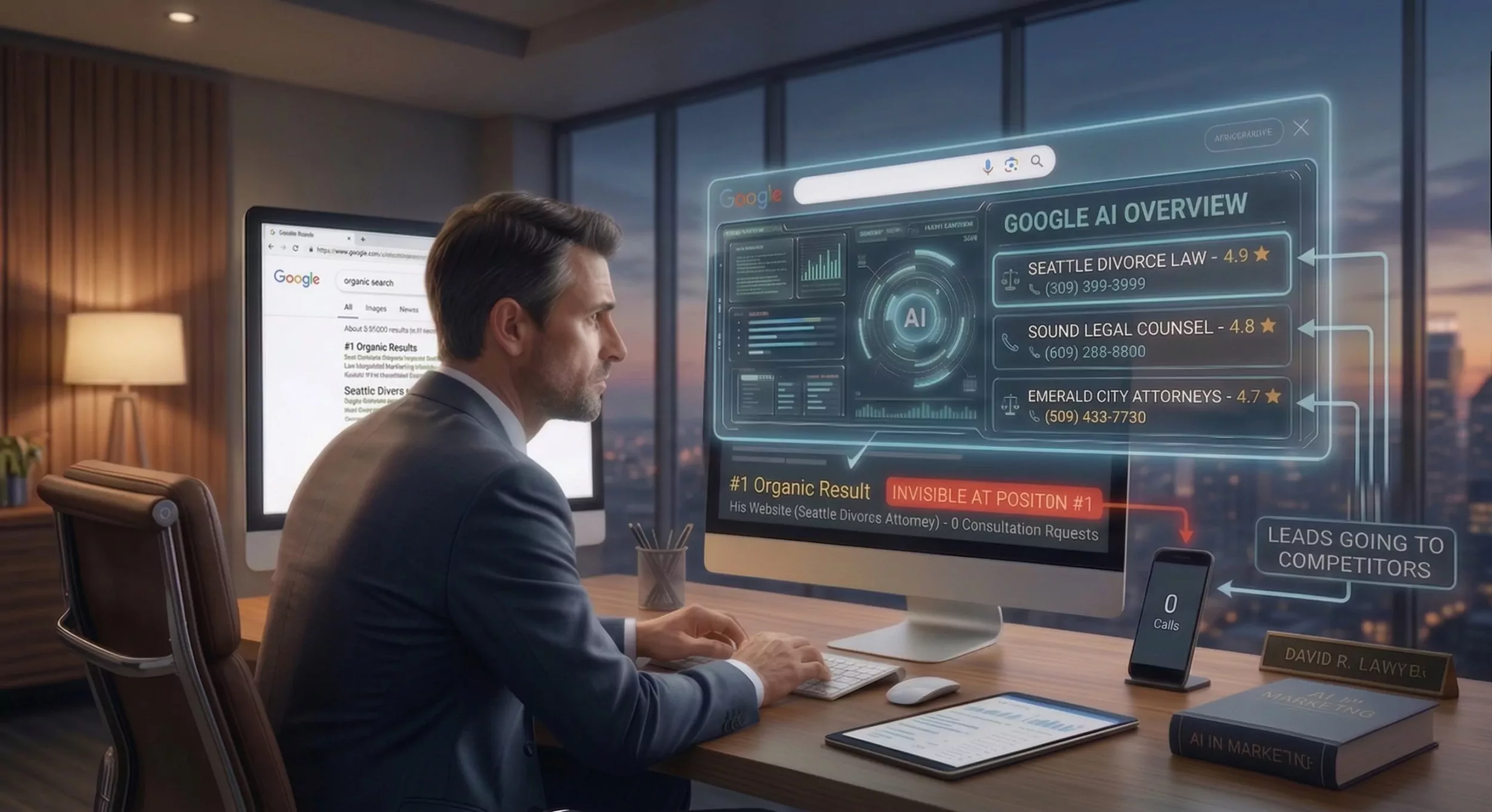 Business owner frustrated looking at analytics showing number one Google ranking but zero website traffic because AI Overviews answered questions without sending prospects to site